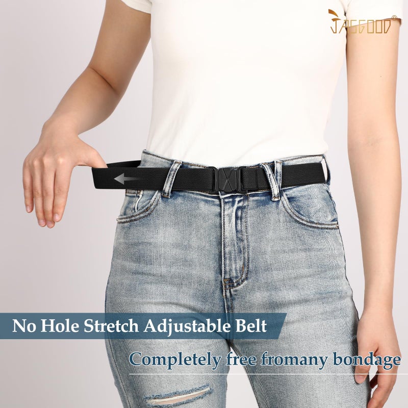 JASGOOD Women No Show Stretch Belt Flat Buckle Elastic Belt for Jeans Pants Dresses (Black) - Image 2